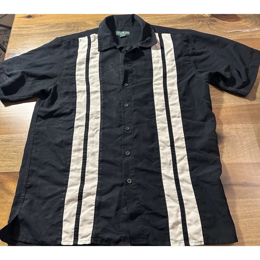 David Taylor Collection Retro Bowling Shirt Black White Stripes Size XL